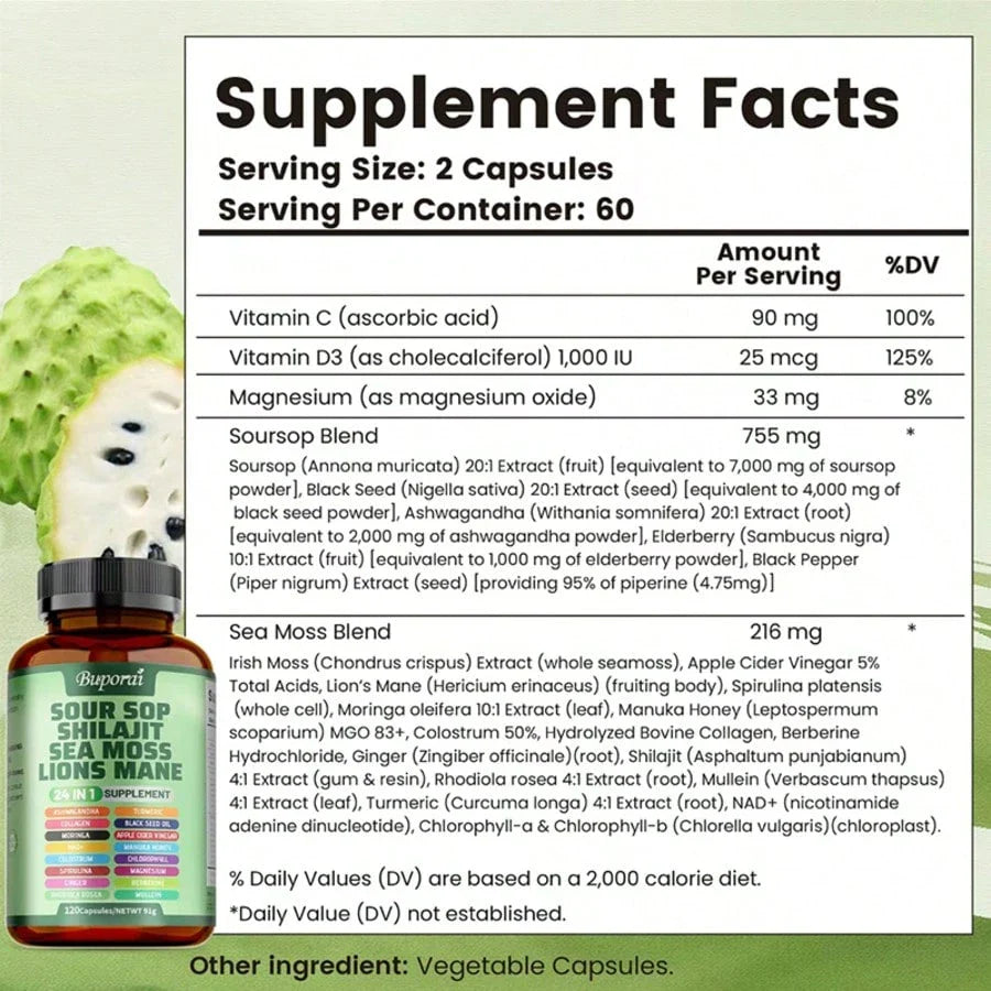 Multi Bottles - Soursop Dietary Supplement, Rich In Antioxidants, 120 Capsules Per Bottle, With Added Shiitake Mushroom, Seaweed, And Lion's Mane Mushroom, 24 In 1, Supports Skin, Joint, And Bone Health, Free Shipping, For Women, For Men