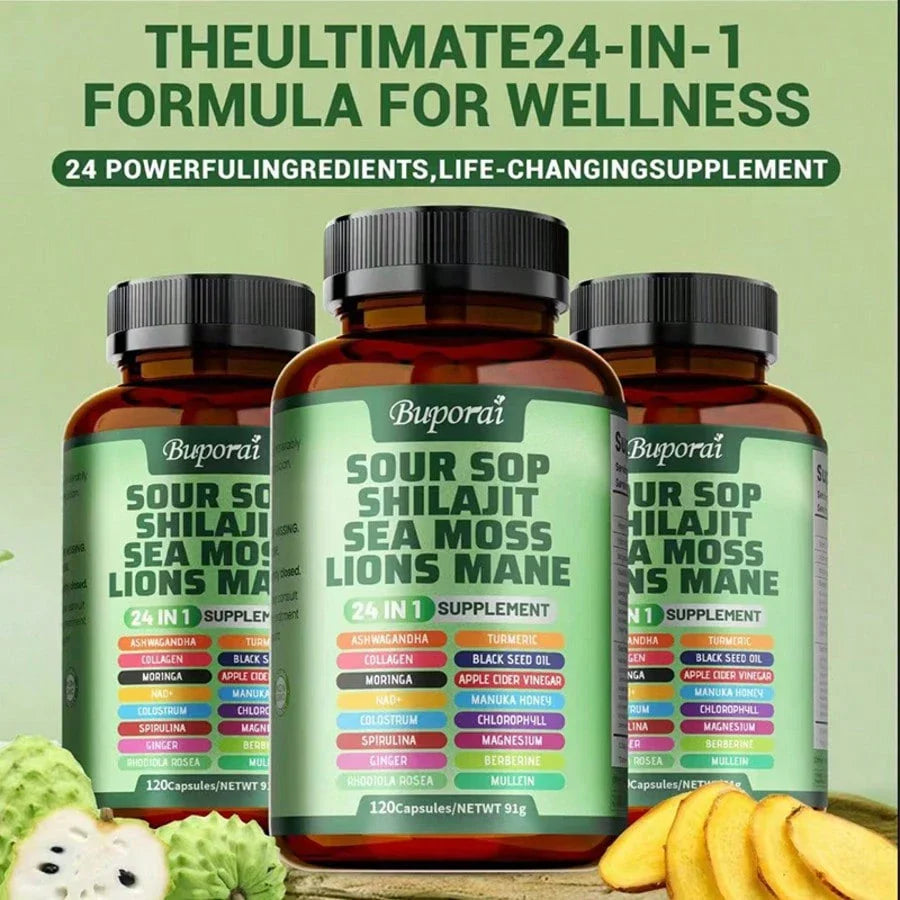 Multi Bottles - Soursop Dietary Supplement, Rich In Antioxidants, 120 Capsules Per Bottle, With Added Shiitake Mushroom, Seaweed, And Lion's Mane Mushroom, 24 In 1, Supports Skin, Joint, And Bone Health, Free Shipping, For Women, For Men