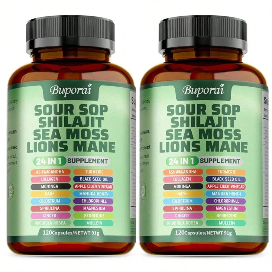 Multi Bottles - Soursop Dietary Supplement, Rich In Antioxidants, 120 Capsules Per Bottle, With Added Shiitake Mushroom, Seaweed, And Lion's Mane Mushroom, 24 In 1, Supports Skin, Joint, And Bone Health, Free Shipping, For Women, For Men