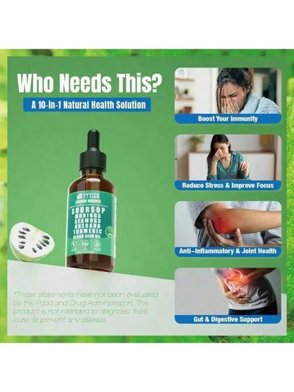 VYXION Pure Soursop 10 In 1 Liquid Drops Extract - Seamoss,Moringa,Black Seed Oil,Turmeric,Oregano Liquid Drops - Healthcare,Fitness,Natural Wellness Blend