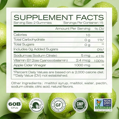 Apple Cider Vinegar Gummies Formulated To Support Normal Energy Levels & Gut Health - Supports Digestion, Detox & Cleansing - ACV Gummies W/VIT B12 Dietary Edible Fitness, Probióticos Originales, Weight Loss Products, Gummies For Women