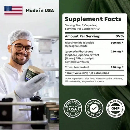 Reus Research NAD Nicotinamide Riboside Resveratrol, Liposomal NAD Supplements For Women & Men, NMN Supplement Alternative, NAD Supplement - 80 Capsules,For Skin Aging Support, Energy, And Focus, Vitamin & Wellness Supplements Dietary Healthcare Edible