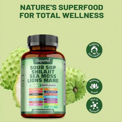 Multi Bottles - Soursop Dietary Supplement, Rich In Antioxidants, 120 Capsules Per Bottle, With Added Shiitake Mushroom, Seaweed, And Lion's Mane Mushroom, 24 In 1, Supports Skin, Joint, And Bone Health, For Women, For Men