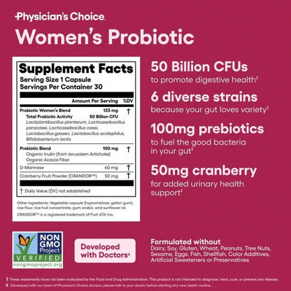 Physician's Choice Women's Probiotic Daily Digestive, Gut Health, Urinary Tract, And Immune Support For Women With 50B CFUs, Cranberry & Prebiotics, For Women,  Daily Health, Probióticos Originales