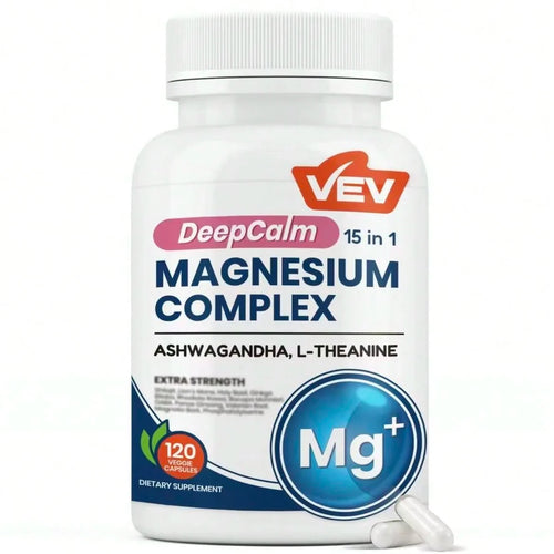 VEV Natural Edible Magnesium Supplement,15-In-1 With Magnesium Glvcinate , Ashwagandha ,L - Theanine ,Healthcare Dietary (120 Capsules) Vitamin Fitness