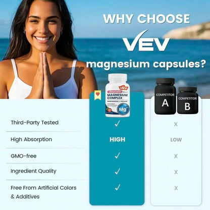 VEV Natural Edible Magnesium Supplement,15-In-1 With Magnesium Glvcinate , Ashwagandha ,L - Theanine ,Healthcare Dietary (120 Capsules) Vitamin Fitness