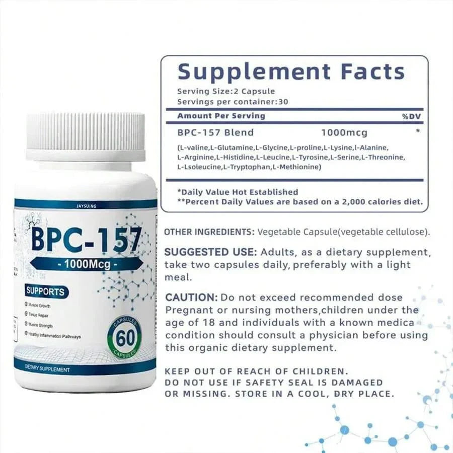 BPC-157 1000mcg Peptide Formula - Enhanced Muscle Growth + Post-Workout Recovery Supplement - Gluten-Free, Vegan Friendly, 60 Capsules