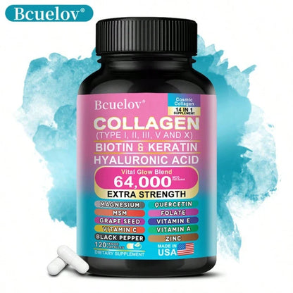 Collagen Supplement Types I/ III/ V & X - With Biotin & Keratin Hyaluronic Acid - Supports Skin, Nails & Hair - 120 Capsules