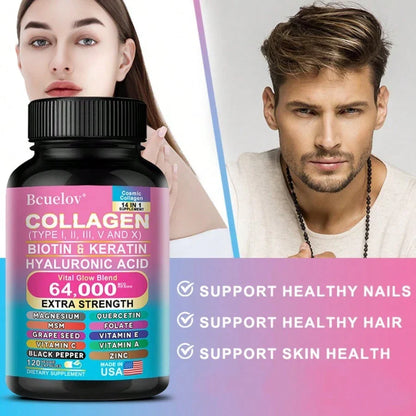 Collagen Supplement Types I/ III/ V & X - With Biotin & Keratin Hyaluronic Acid - Supports Skin, Nails & Hair - 120 Capsules
