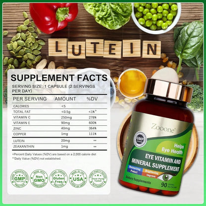 Zooone Lutein And Zeaxanthin Eye Vitamins, Eye Vitamin And Mineral Supplement With Vitamin C E Zinc Copper, Vision Support For Macular Degeneration, Eye Health Pills For Adults & Seniors, 90 Capsules Vitamins