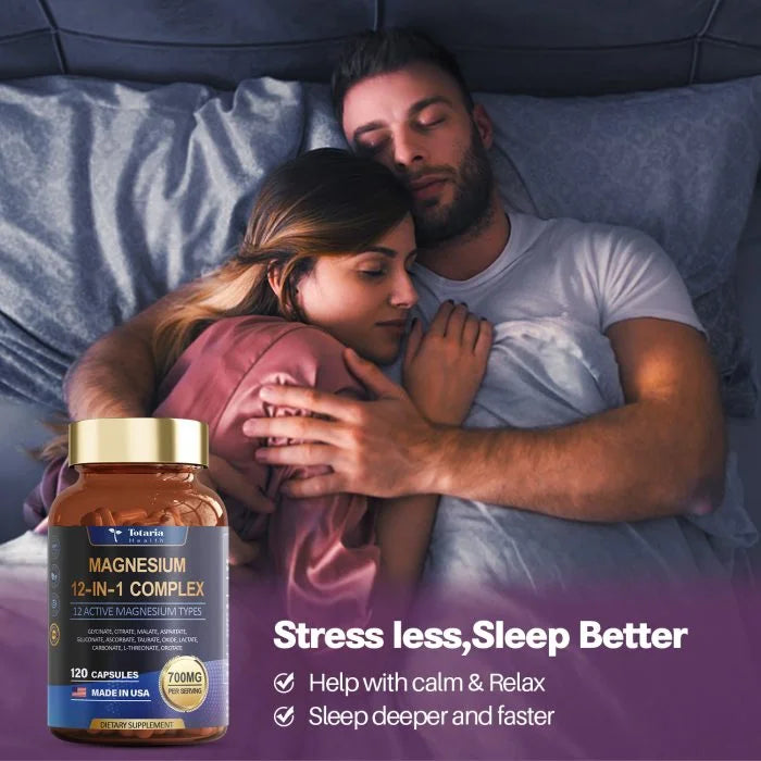 Couple in bed with a bottle of magnesium supplement labeled 'Stress less, Sleep Better'.