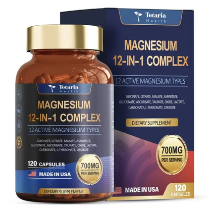 Bottle and packaging of Totaria Health Magnesium 12-in-1 Complex dietary supplement.