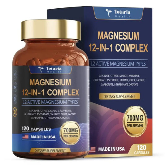 Bottle and packaging of Totaria Health Magnesium 12-in-1 Complex dietary supplement.
