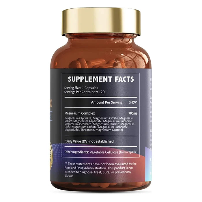 Supplement bottle with gold cap and detailed label on a white background